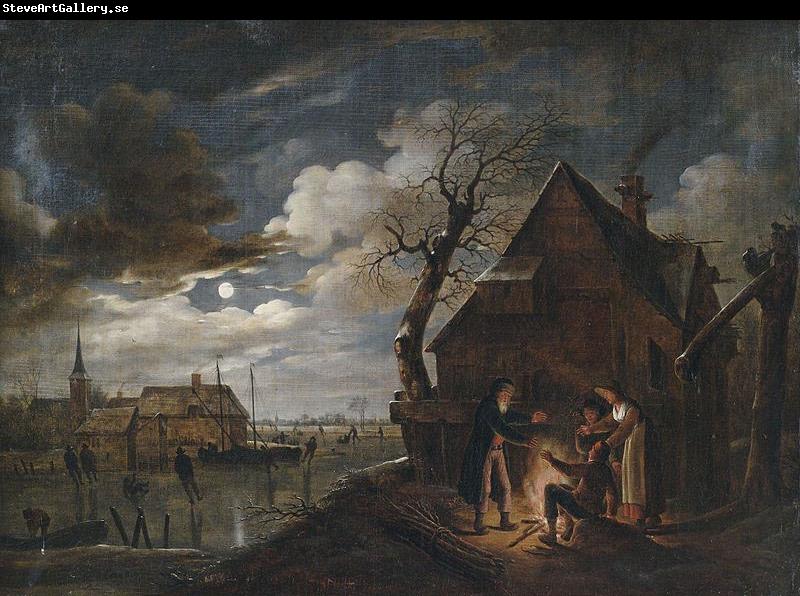 Aert van der Neer Hollandische Kanallandschaft bei Mondschein mit Schlittschuhlaufern und einem Lagerfeuer, an dem sich Bauern warmen